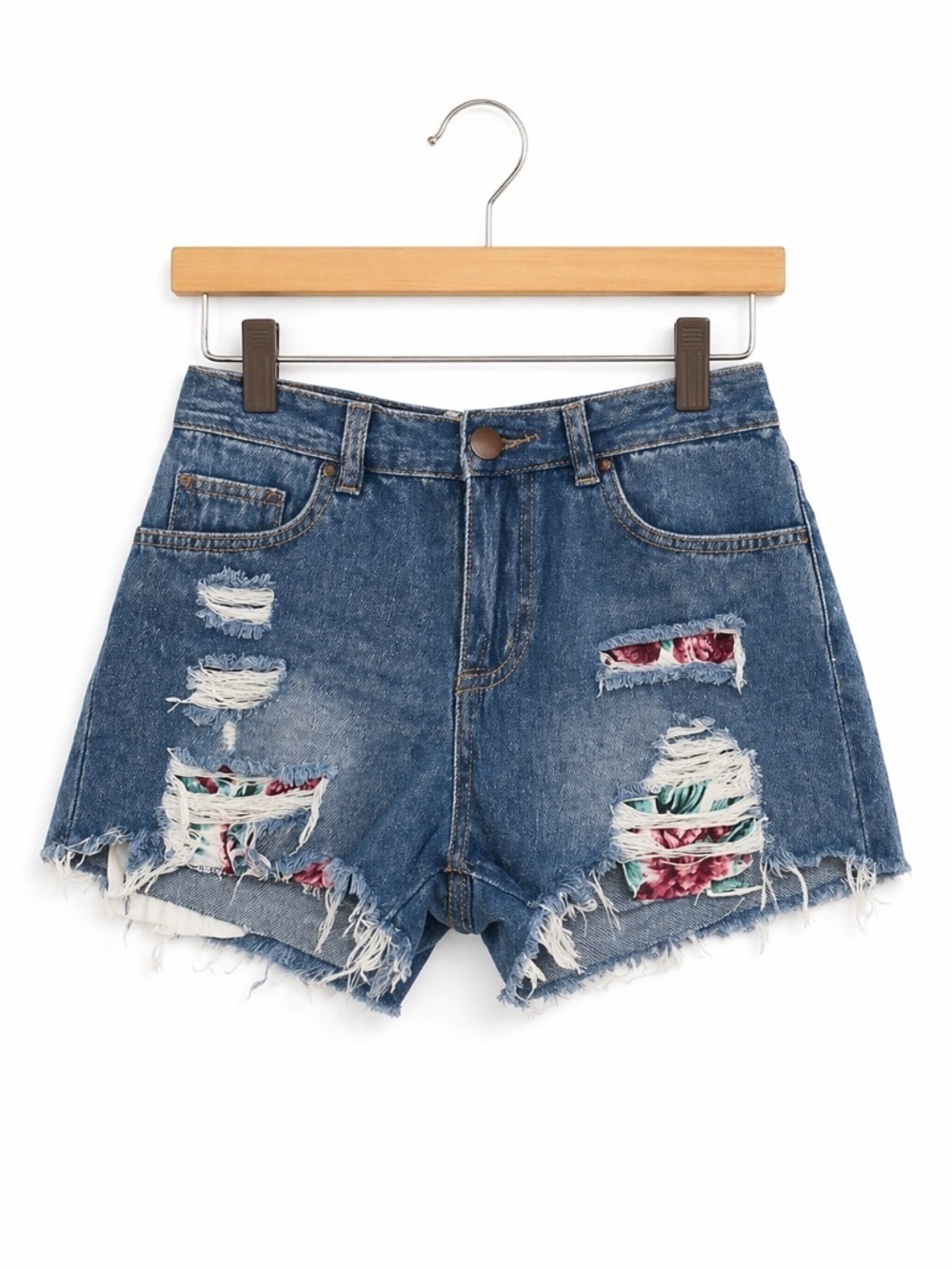 Harper size 28 ripped jean shorts with cute, embroidered flower patches.